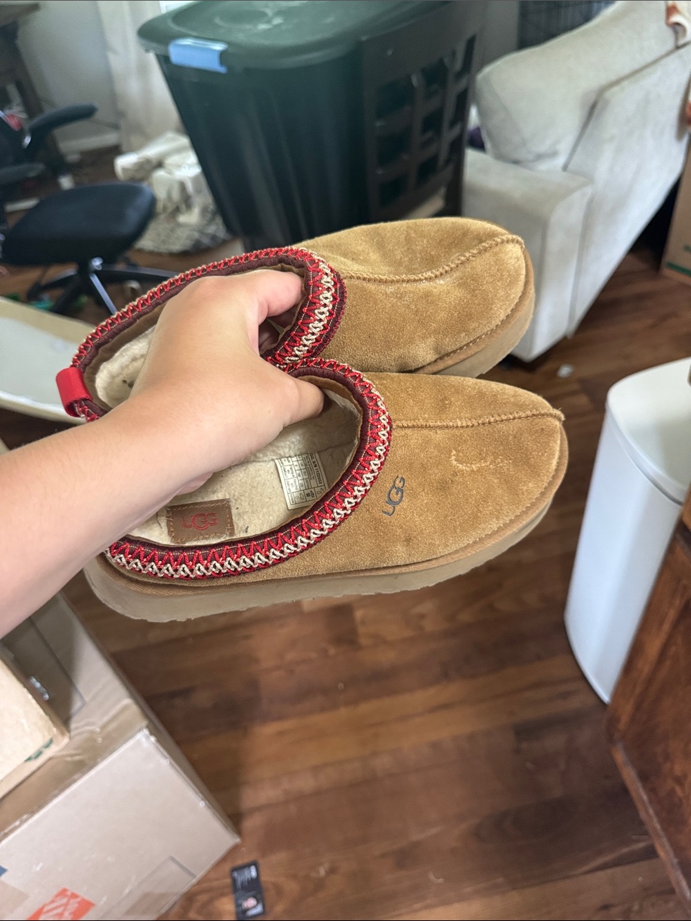 UGG Chestnut Suede Slip-On Mules with Red Trim